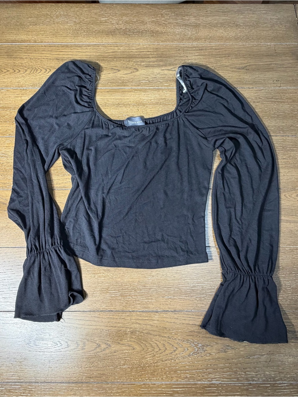 Hudson Gray Square-Neck Long Sleeve Crop Top with Flared Cuffed Bell Sleeves